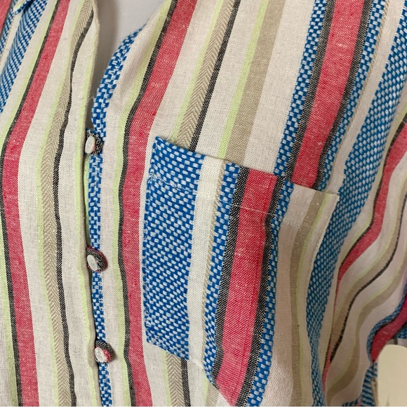 Caffe’ Marrakesh SZ L Striped Linen Blend Short Sleeve Tie Waist Top | NWT - Picture 3 of 15